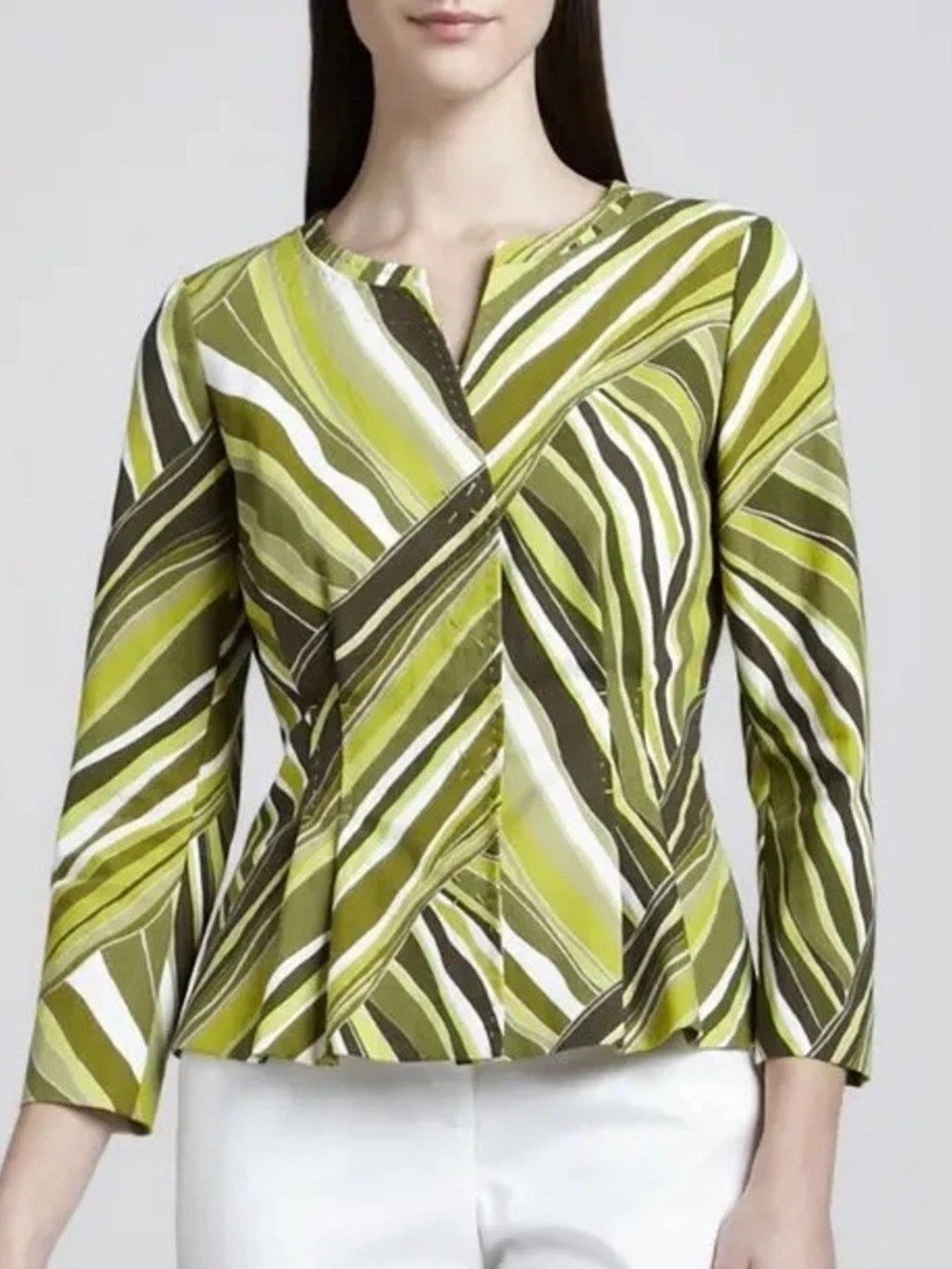 Lafayette 148 New York Cotton Olive and White Striped Blazer Sz 2 EUC